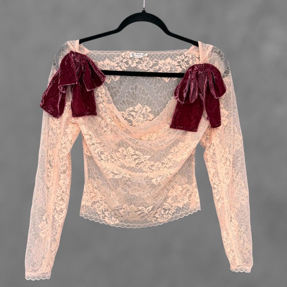 Free People Intimately Mademoiselle Top S Pink Sheer Lace Velvet Bow Coquette